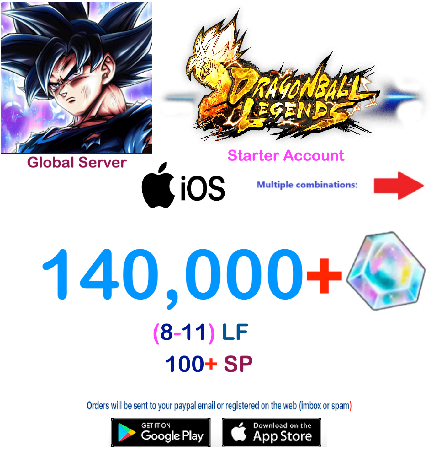 (Global Server)(IOS VERSION)  140,000 + Crystal   Dragon Ball Legends Stater Account