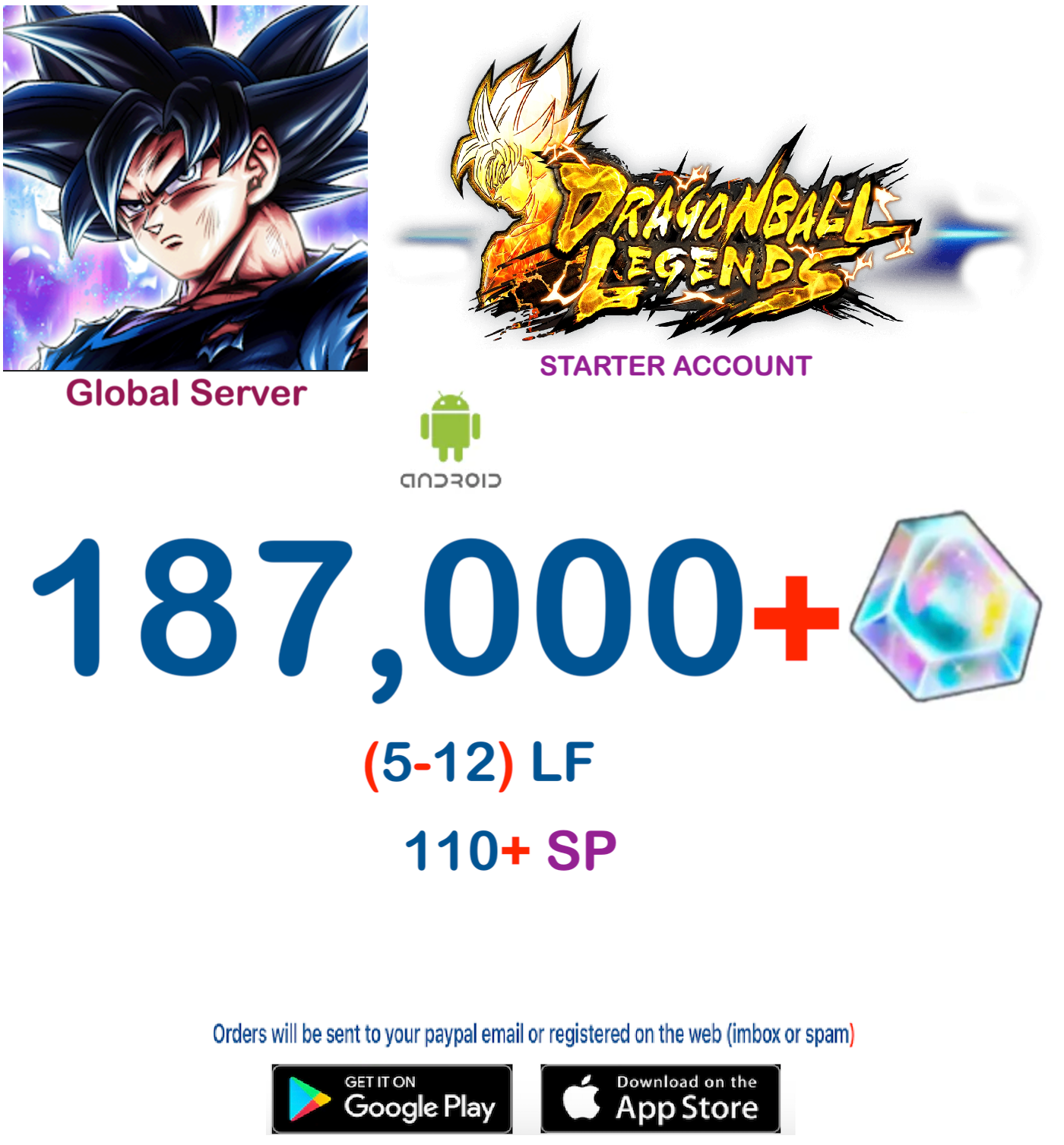 (Global Server)(Android VERSION) 187,000 Crystal   Dragon Ball Legends Starter Account