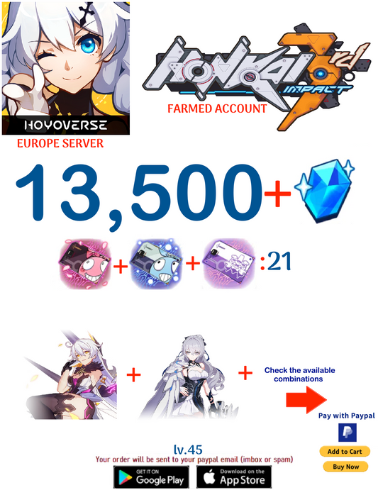 ⭐ Europe Server⭐ Instant Delivery⭐  9,500 Crystals  21 + Supply Cards Honkai Impact 3rd Farmed Account