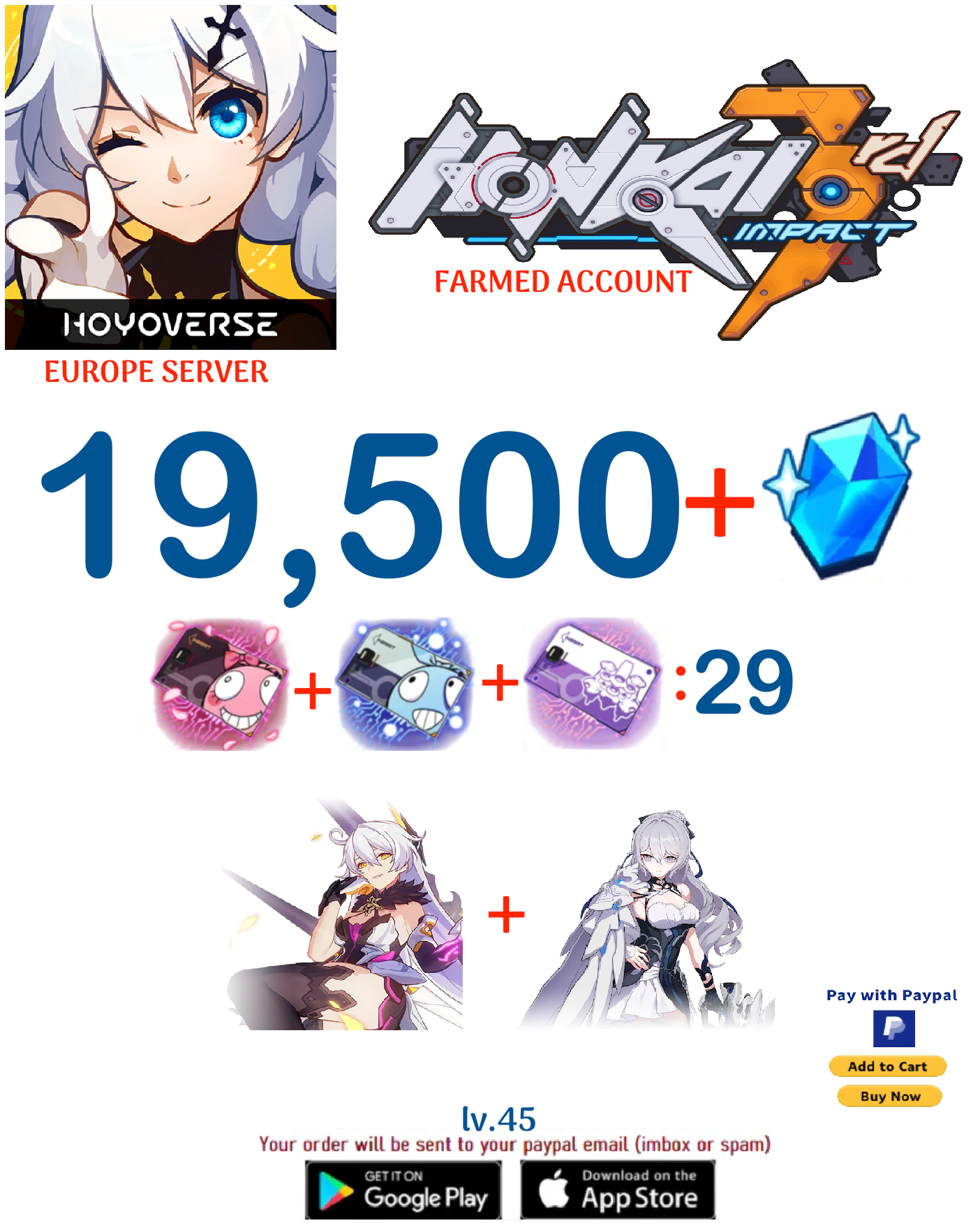 ⭐ Europe Server⭐ Instant Delivery⭐  19,500 Crystals  29 + Supply Cards Honkai Impact 3rd Farmed Account