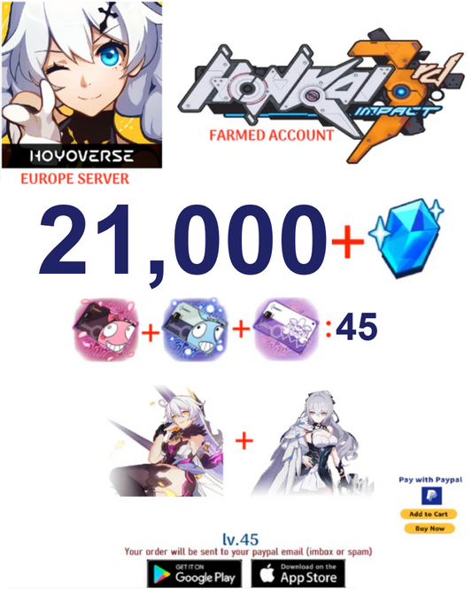 ⭐ Europe Server⭐ Instant Delivery⭐  21,000 Crystals  45 + Supply Cards Honkai Impact 3rd Farmed Account