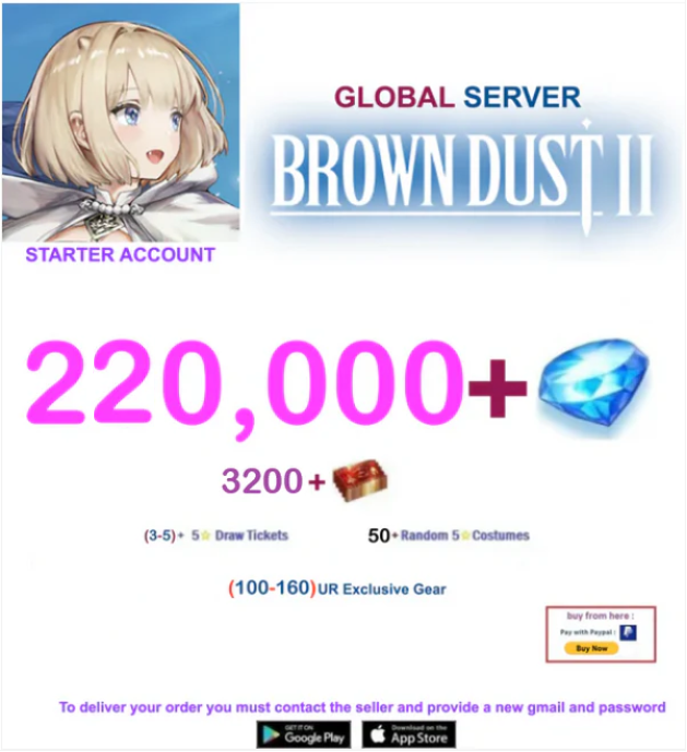 [Global Server/Unlinked] 220,000 Gems  Brown Dust 2 Starter Starter Account