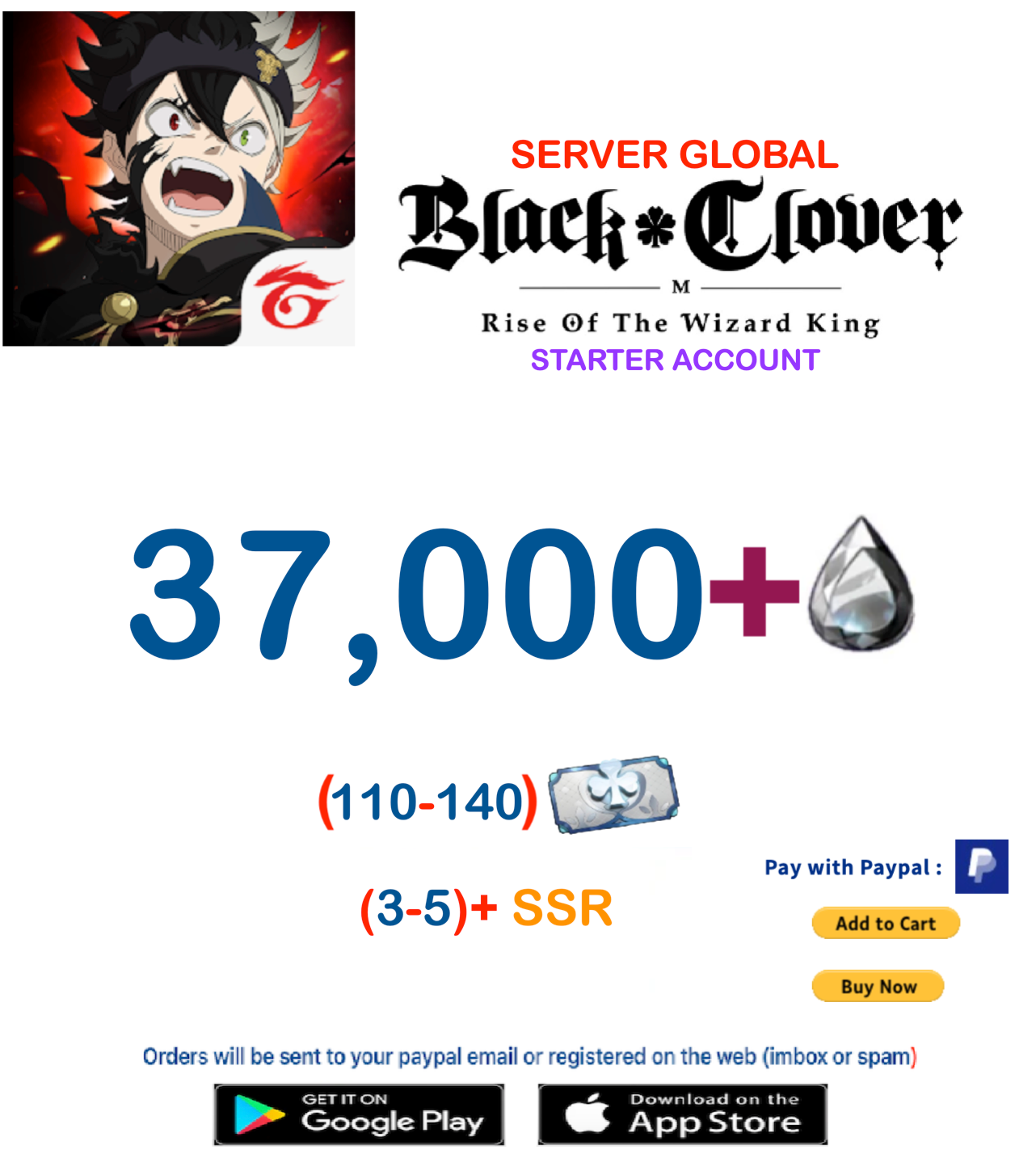 [GLOBAL SERVER]  37,000+ Crystals - 110+ Summon Tickets  Black Clover M Rise of the Wizard King Reroll Account