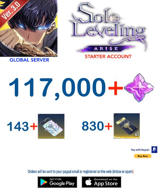 (Global Server) 117,000 + Gems - 830+ Tickets  Solo Leveling:ARISE Reroll Starter Account