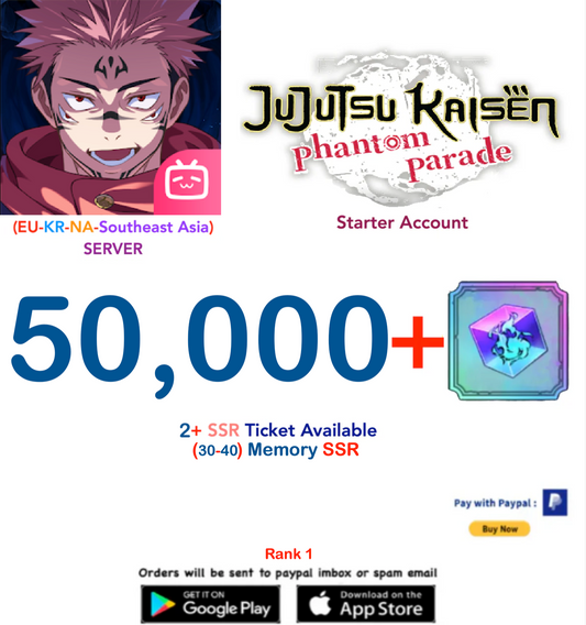 (NA-EU-KR-SA Server) 50000   Gems  Jujutsu Kaisen: Phantom Parade Reroll Starter Account