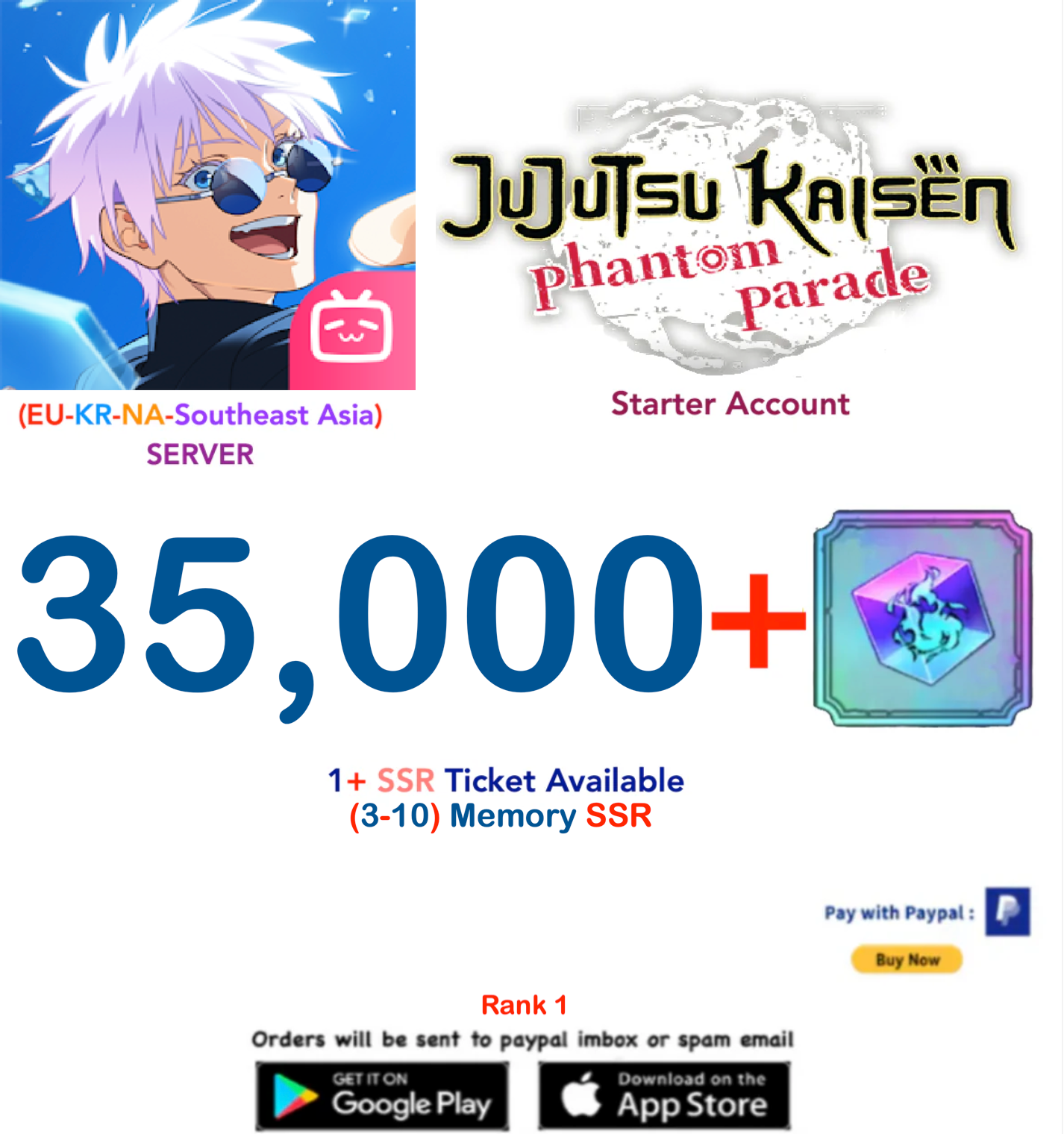 (NA-EU-KR-SA Server) 35000   Gems  Jujutsu Kaisen: Phantom Parade Reroll Starter Account