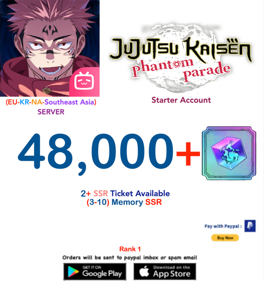 (NA-EU-KR-SA Server) 48000   Gems  Jujutsu Kaisen: Phantom Parade Reroll Starter Account