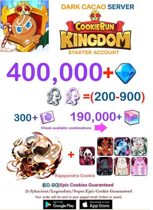 [GLOBAL/DARK CACAO][INSTANT DELIVERY] 400,000+Gems + Rajapendra Cookie  / Cookie Run: Kingdom Starter Reroll Account
