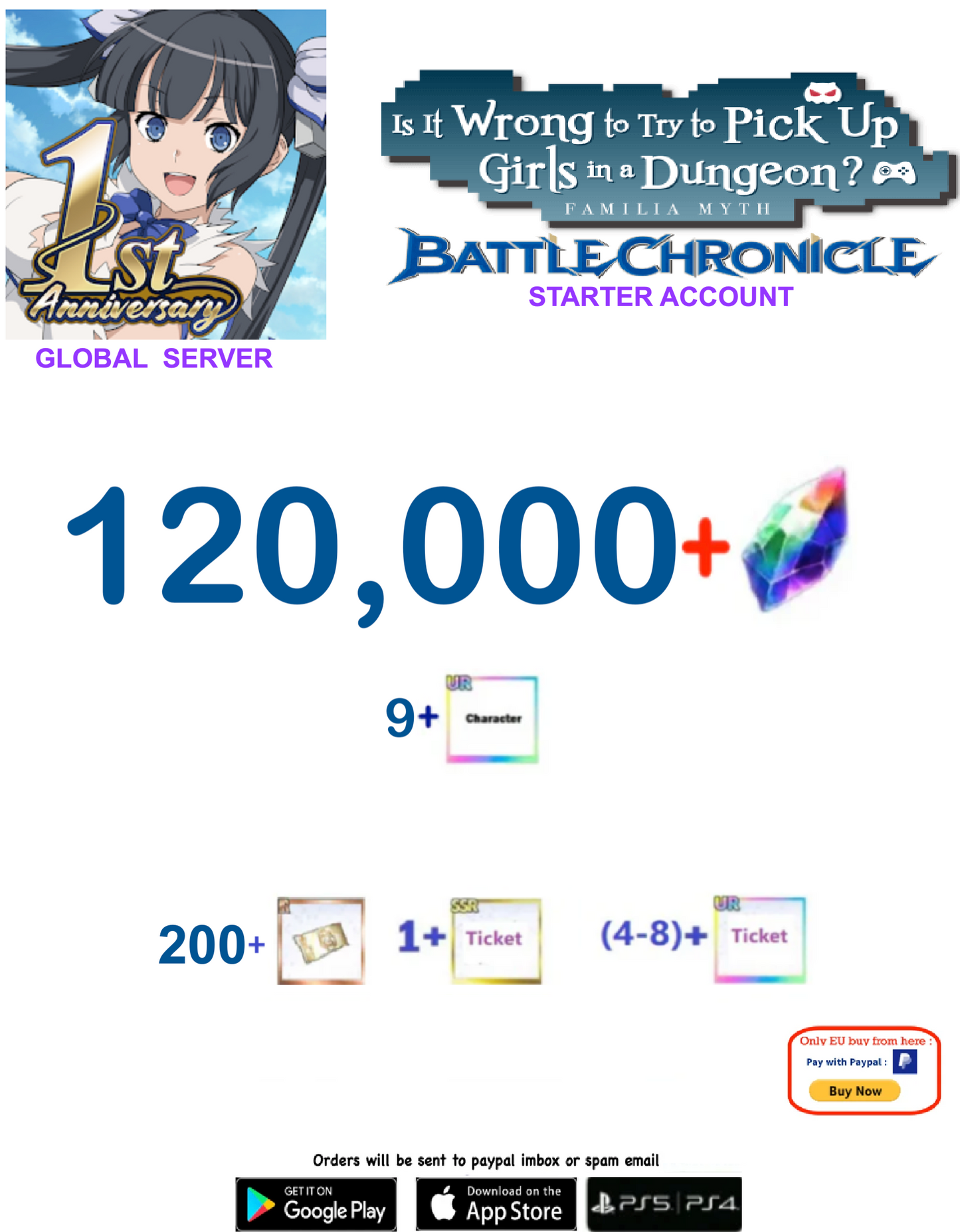 [Global  Server] 120,000 + Gems  DanMachi BATTLE CHRONICLE  Starter Reroll Account