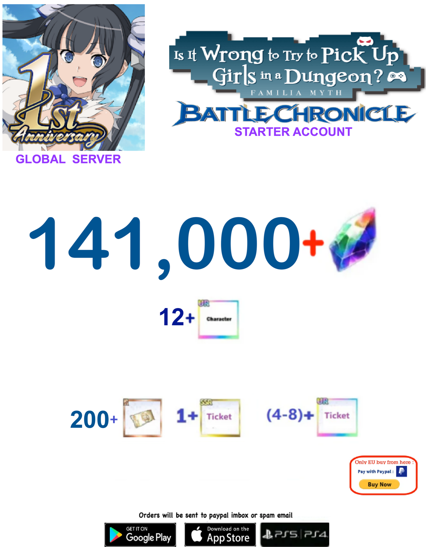 [Global  Server] 141,000 + Gems  DanMachi BATTLE CHRONICLE  Starter Reroll Account