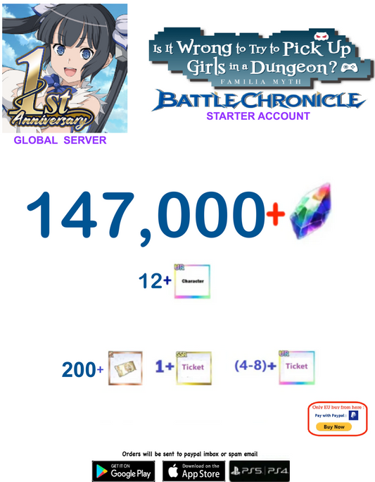 [Global  Server] 147,000 + Gems  DanMachi BATTLE CHRONICLE  Starter Reroll Account