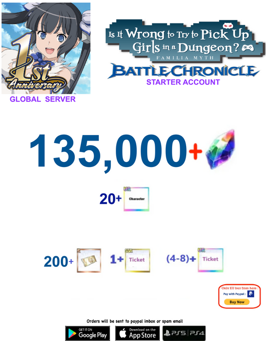 [Global  Server] 135,000 + Gems  DanMachi BATTLE CHRONICLE  Starter Reroll Account v3