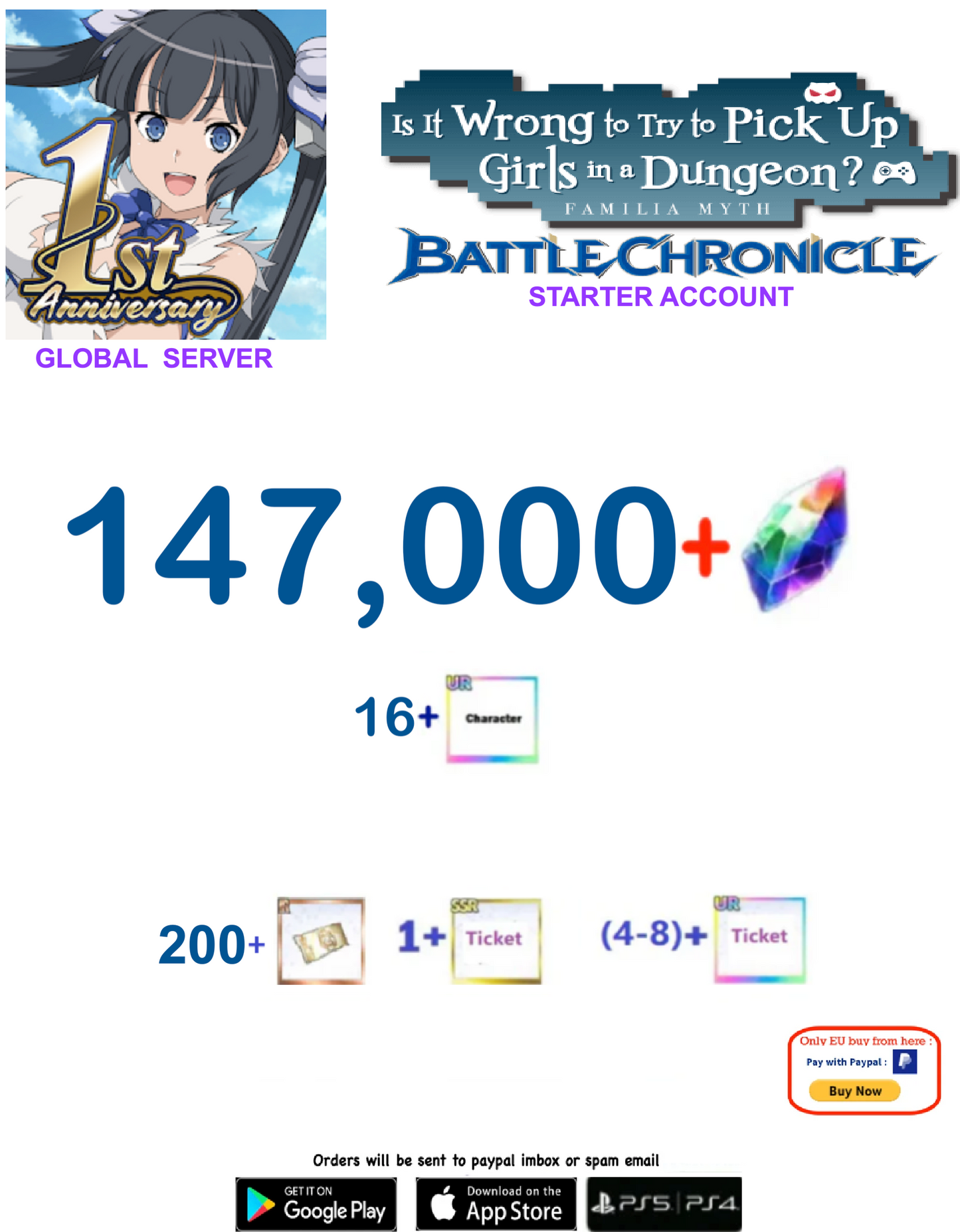 [Global  Server] 147,000 + Gems  DanMachi BATTLE CHRONICLE  Starter Reroll Account