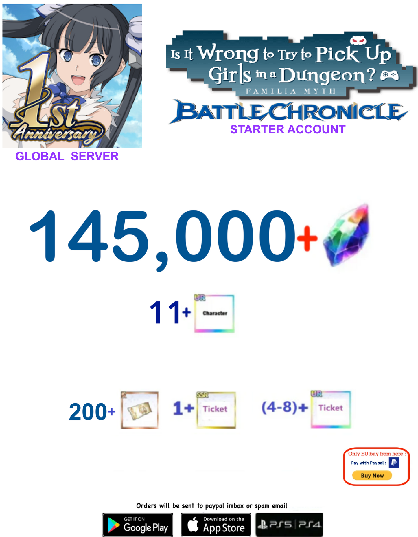 [Global  Server] 145,000 + Gems  DanMachi BATTLE CHRONICLE  Starter Reroll Account v5