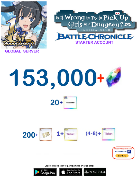 [Global  Server] 153,000 + Gems  DanMachi BATTLE CHRONICLE  Starter Reroll Account v3