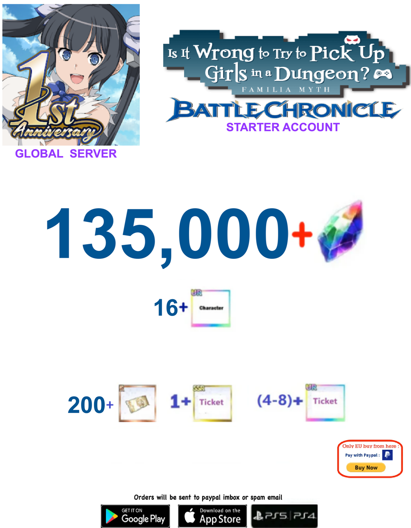 [Global  Server] 135,000 + Gems  DanMachi BATTLE CHRONICLE  Starter Reroll Account