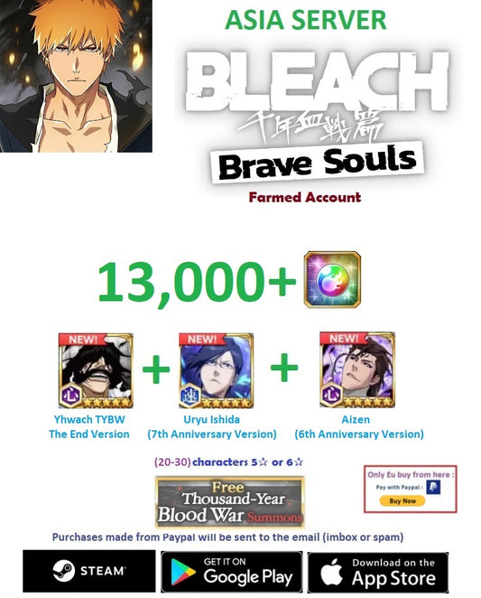 (Asia Server)  13.000 + Gems  Bleach: Brave Souls  Farmed Account