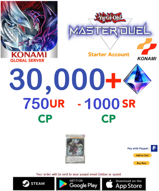 [SERVER GLOBAL/KONAMI]  30,000+Gems +  750 UR - 1000SR  Yu-Gi-Oh! Master Duel Starter Reroll Account