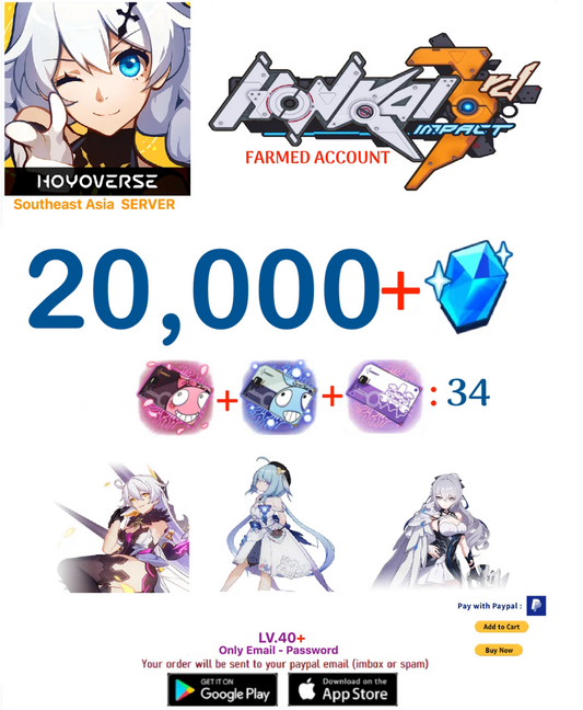 ⭐SouthEast Asia Server⭐ Instant Delivery⭐  20,000 Crystals  34 + Supply Cards Honkai Impact 3rd Farmed Account