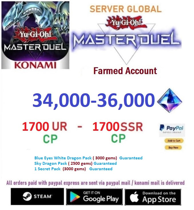[SERVER GLOBAL]  34,000+Gems  (1700-1900) UR CP- 1700 SR CP  Yu-Gi-Oh! Master Duel Starter Reroll Account