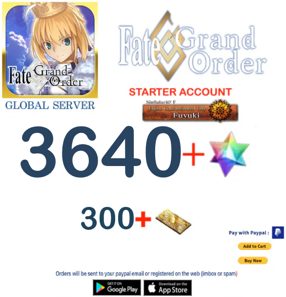 [GLOBAL SERVER][INSTANT DELIVERY] 3640 sq - (300-370) Tickets +SQ Fate Grand Order FGO Quartz  Reroll Starter