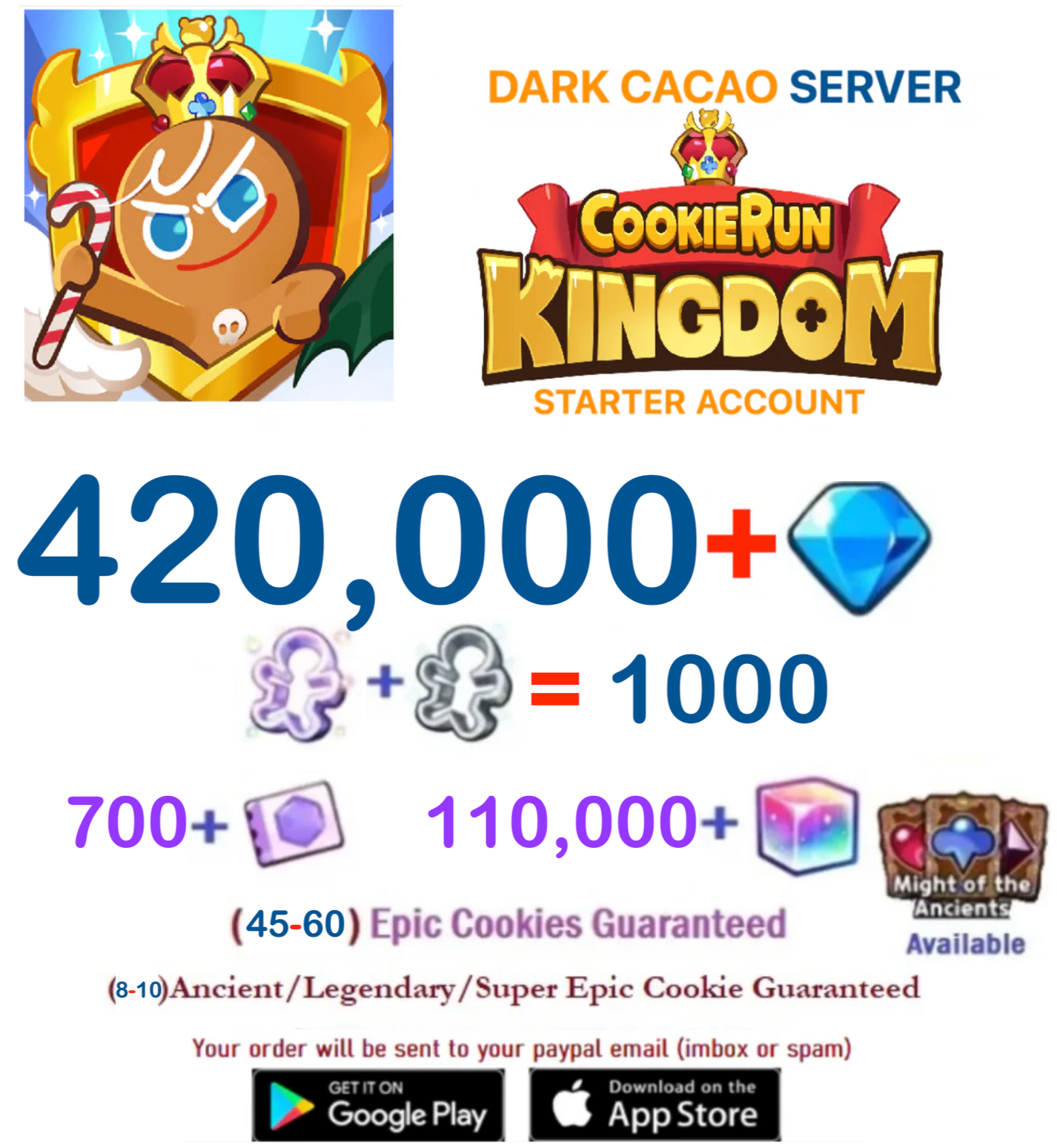 [GLOBAL/Dark Cacao] 420,000+ Gems Cookie Run: Kingdom Starter Reroll Account