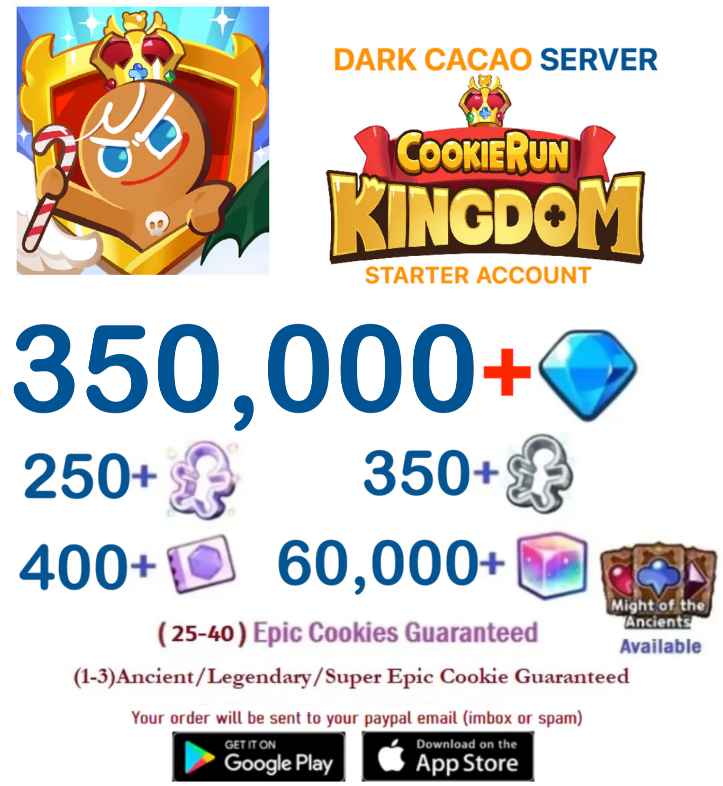 [GLOBAL/Dark Cacao] 350,000+ Gems Cookie Run: Kingdom Starter Reroll Account