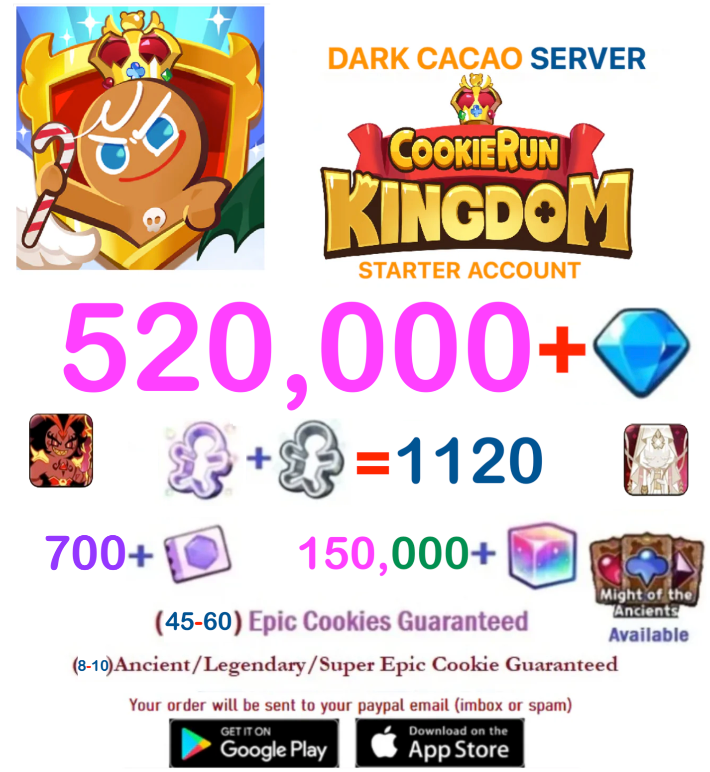 [GLOBAL/Dark Cacao] 520,000+ Gems Cookie Run: Kingdom Starter Reroll Account