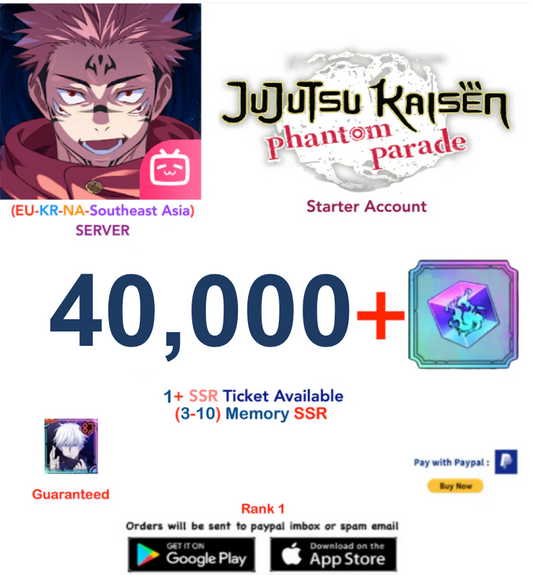 (NA-SEA-EU-KR Server)  40,000  Gems + (Within Infinity) Satoru Gojo  Jujutsu Kaisen: Phantom Parade Reroll Starter Account