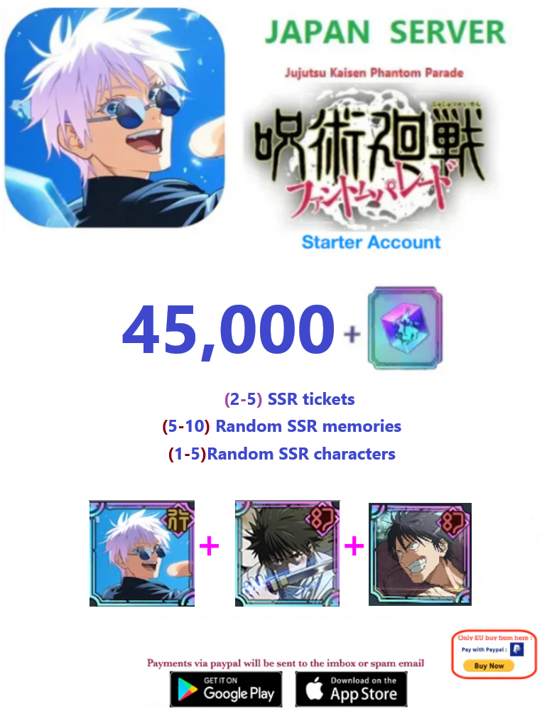 (Japan Server)  45,000  Gems     Jujutsu Kaisen: Phantom Parade Reroll Starter Account