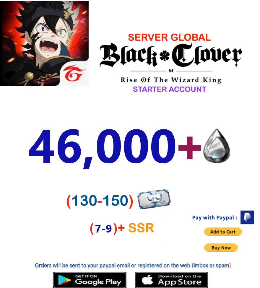 [GLOBAL SERVER]  46,000+ Crystals - 130+ Summon Tickets  Black Clover M Rise of the Wizard King Reroll Account