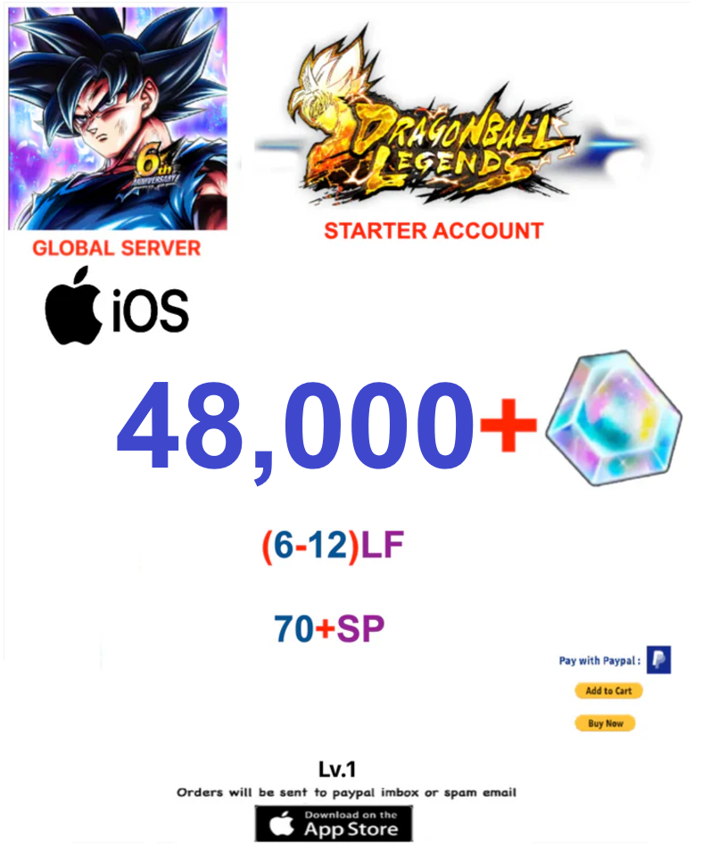 (Global Server)(IOS VERSION)  48.000 + Crystal   Dragon Ball Legends Stater Account