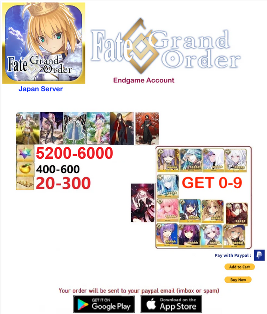 [JAPAN SERVER// CELL PHONE ONLY - NO EMULATOR!] Get 0-9 ssr Random(not counting the supports)-  5200-6000 SQ Fate Grand Order FGO Endgame Reroll Account(includes 5$ of paid sq)