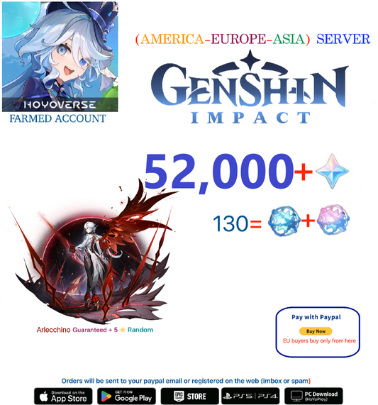 ⭐[All Servers]⭐  52,000 Primogems +  Arlecchino - Multiple combinations - Genshin Impact Reroll Farmed Account