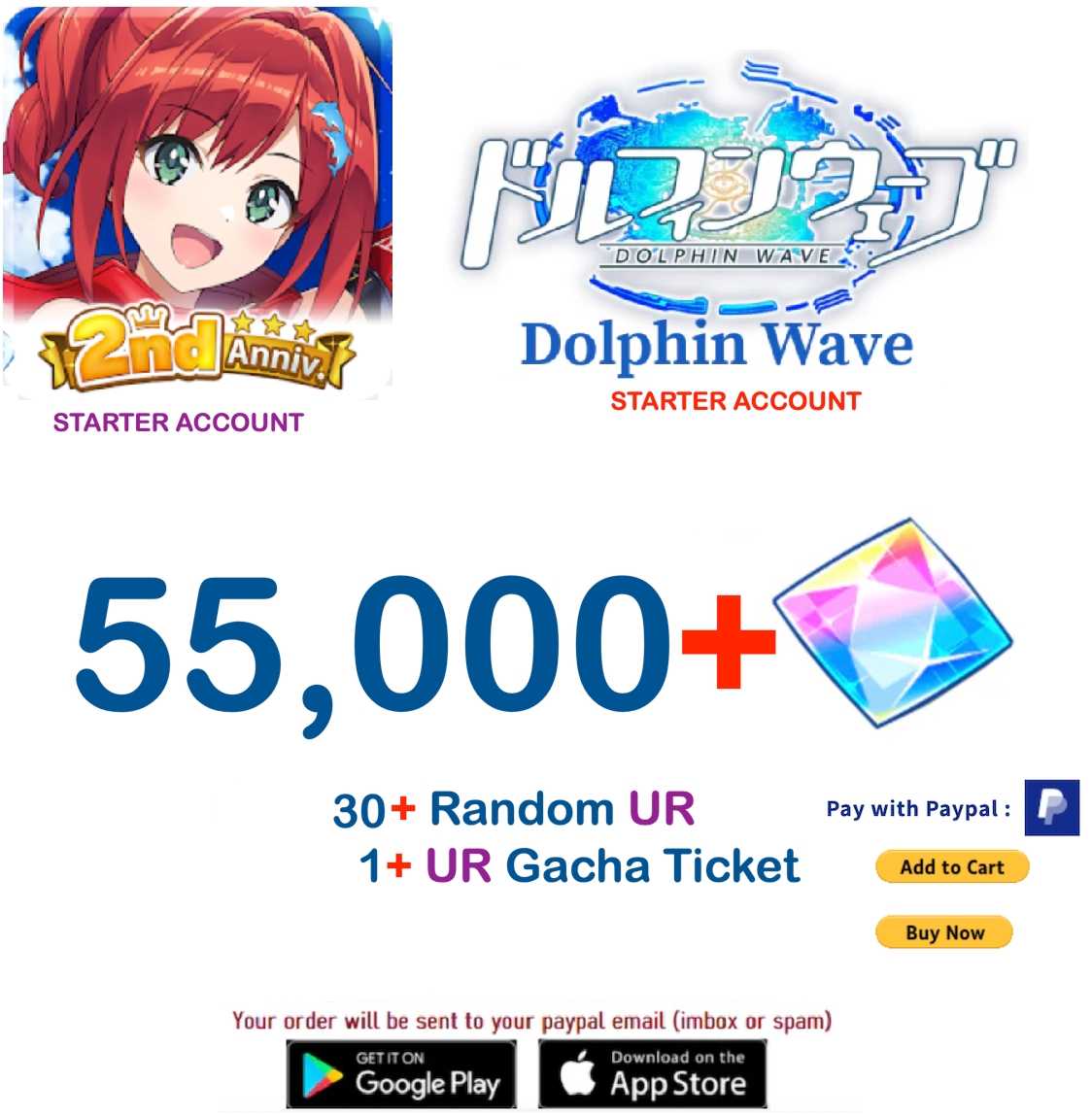 (Japan Server)  55.000+ Gems +30 UR  Dolphin Wave Reroll Starter Account