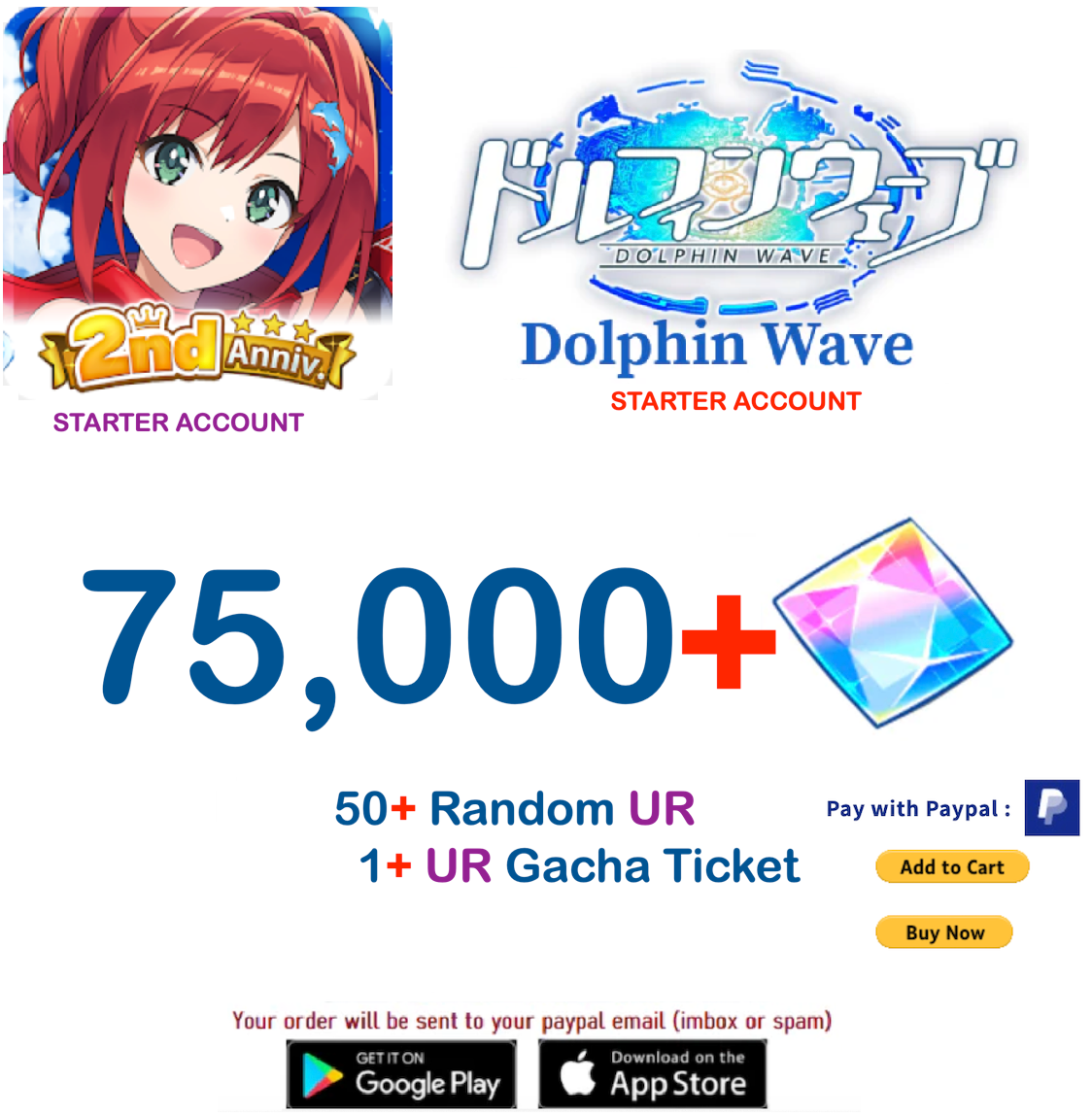 (Japan Server)  75.000+ Gems +50 UR  Dolphin Wave Reroll Starter Account