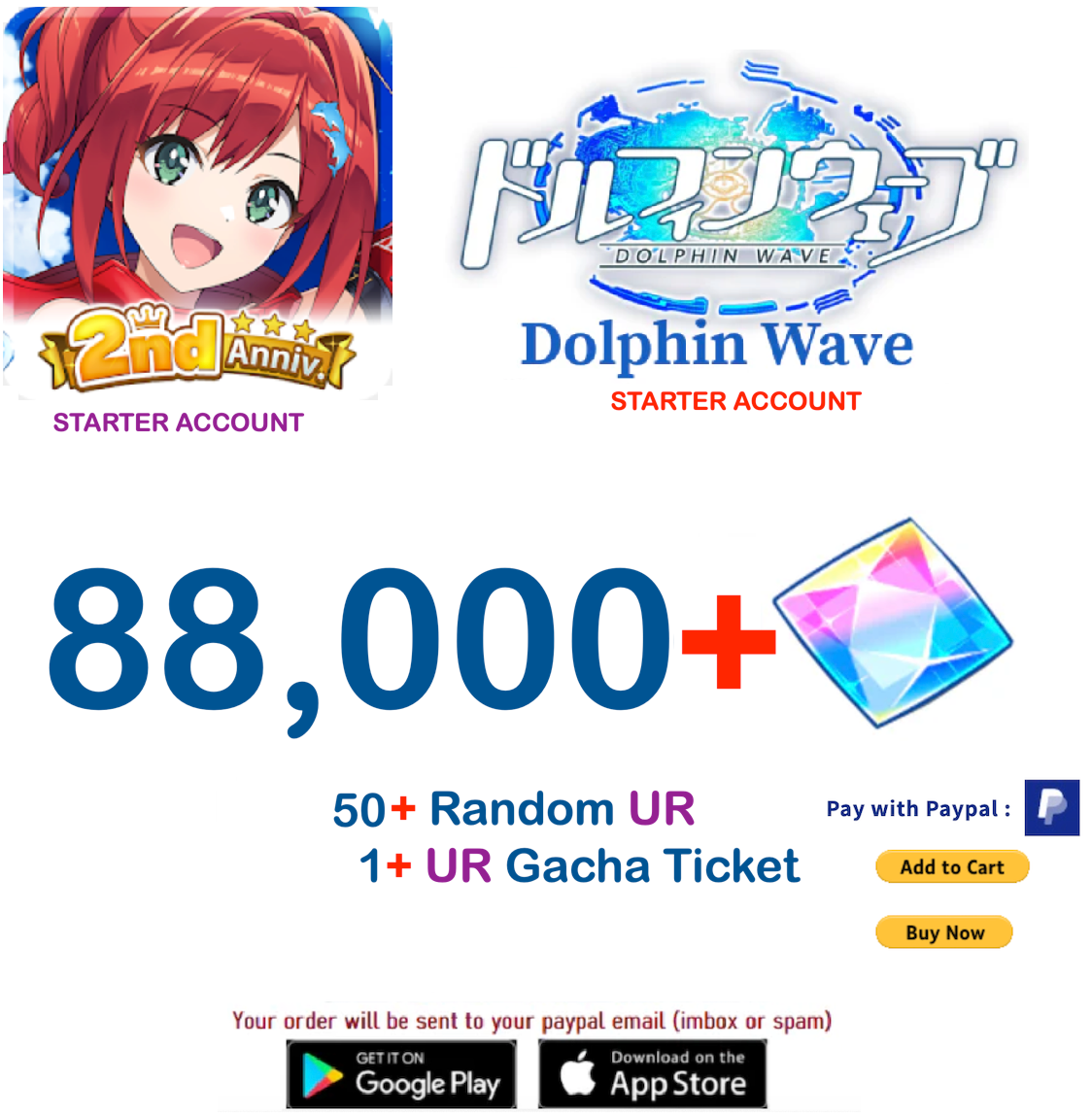 (Japan Server)  88.000+ Gems +50 UR  Dolphin Wave Reroll Starter Account