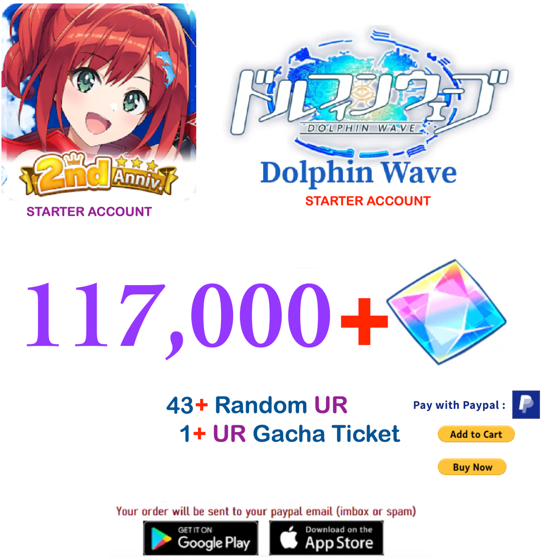 (Japan Server)  117.000+ Gems +43 UR  Dolphin Wave Reroll Starter Account