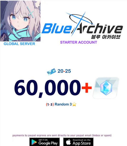 ⭐GLOBAL SERVER⭐60,000+ Gems, (3-5)- 3⭐ Blue Archive Starter Reroll Account