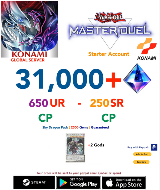 [SERVER GLOBAL/KONAMI]  31,000+Gems +  650 UR - 250 SSR   Yu-Gi-Oh! Master Duel Starter Reroll Account