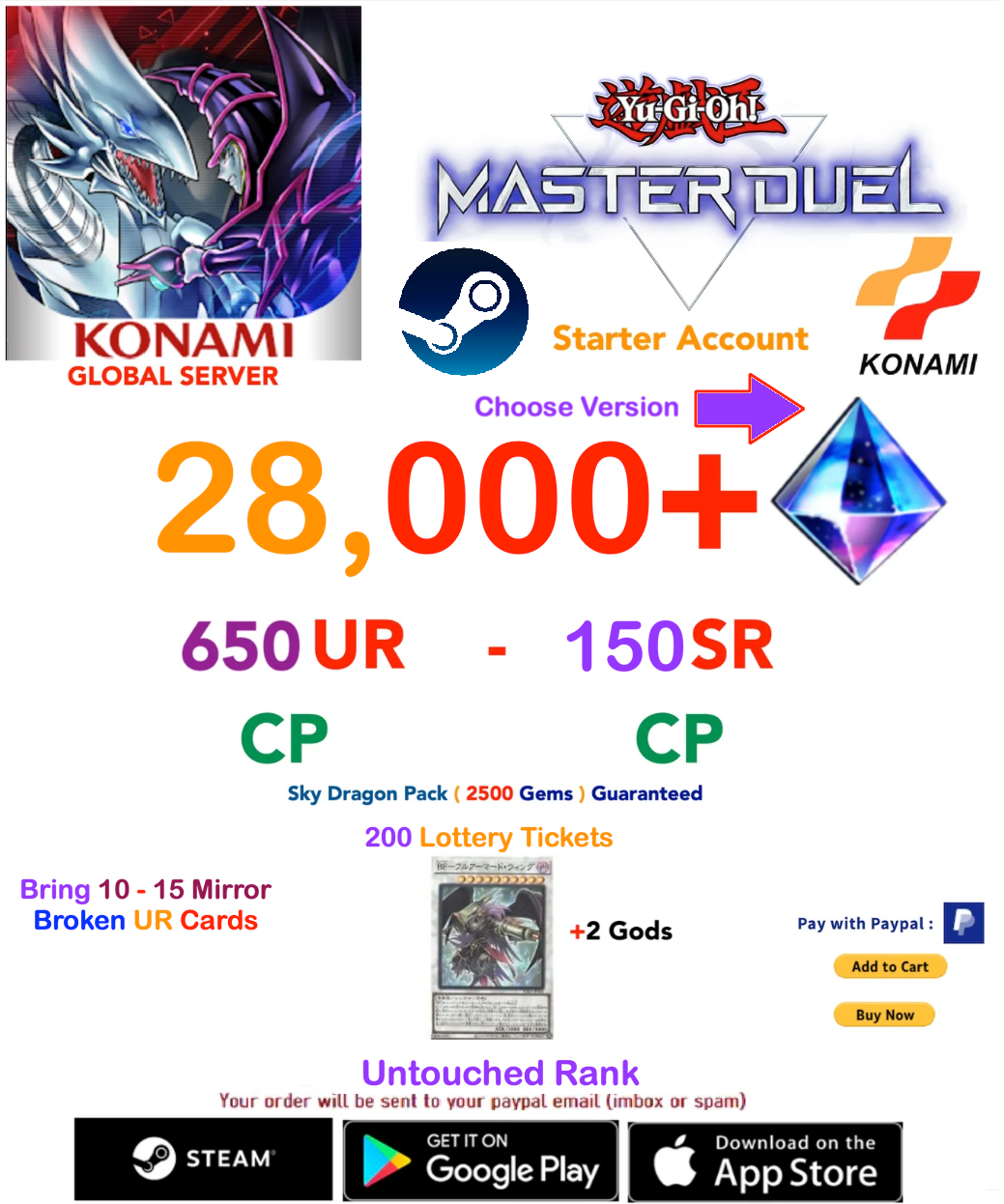 [SERVER GLOBAL/KONAMI-STEAM VERSION]  28,000- 35,000+ Gems 650UR-150SR CP Yu-Gi-Oh! Master Duel Starter Reroll Account
