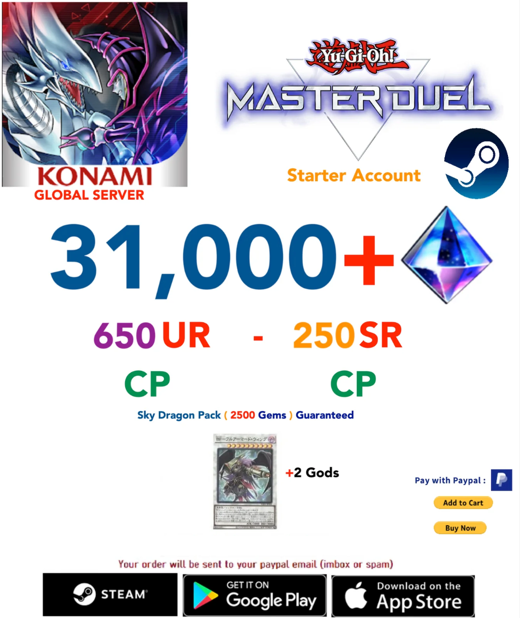 [SERVER GLOBAL/STEAM]  31,000+Gems +  650 UR - 250 SSR   Yu-Gi-Oh! Master Duel Starter Reroll Account