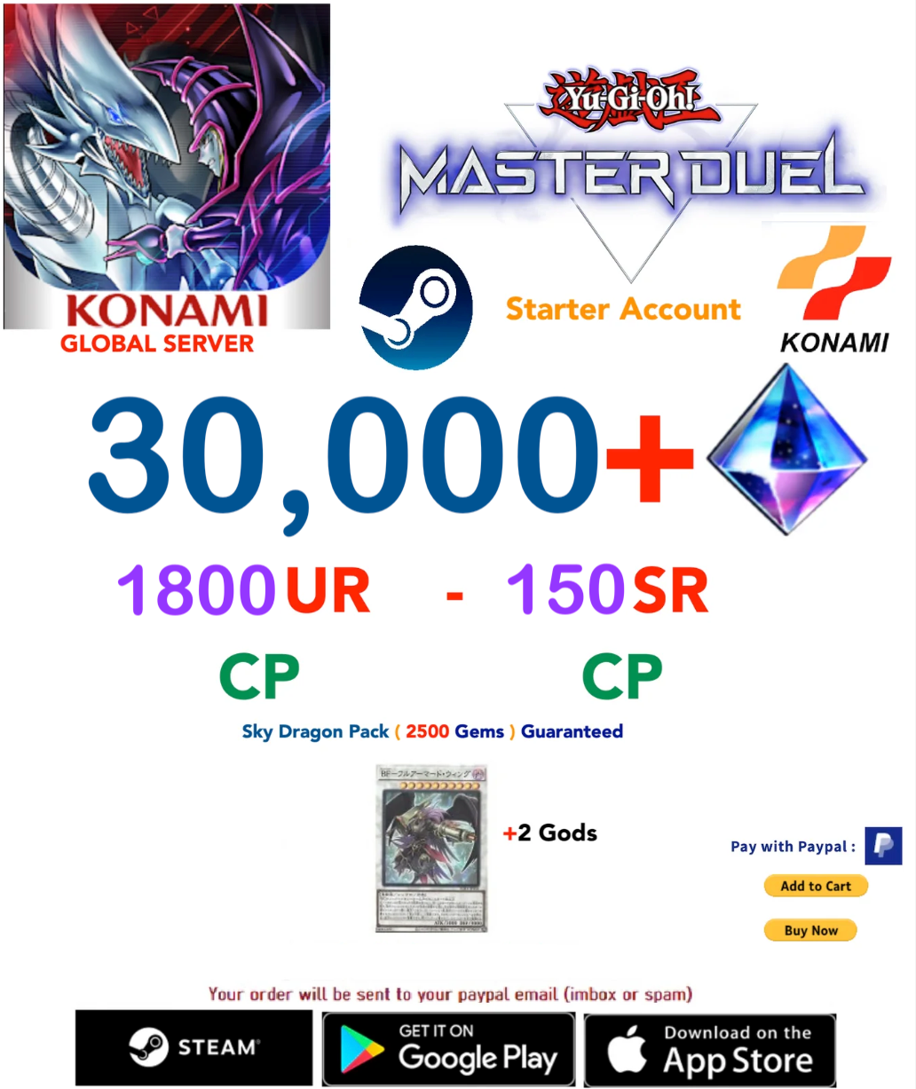 [SERVER GLOBAL/KONAMI-STEAM VERSION]  30,000- 35,000+ Gems 1800UR-150SR CP Yu-Gi-Oh! Master Duel Starter Reroll Account