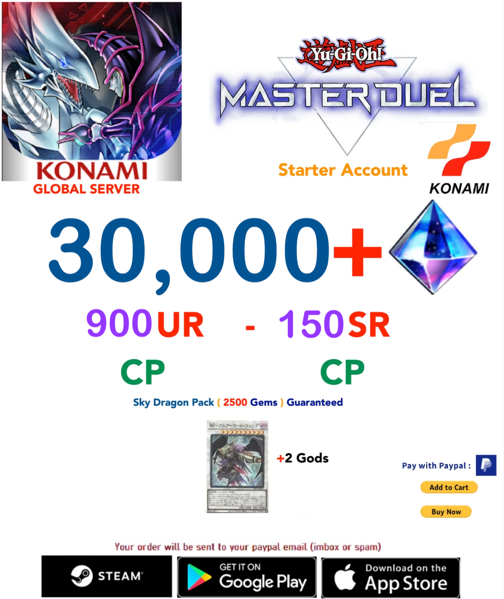 [SERVER GLOBAL/KONAMI VERSION]  30,000- 35,000+ Gems 900UR-150SR CP Yu-Gi-Oh! Master Duel Starter Reroll Account
