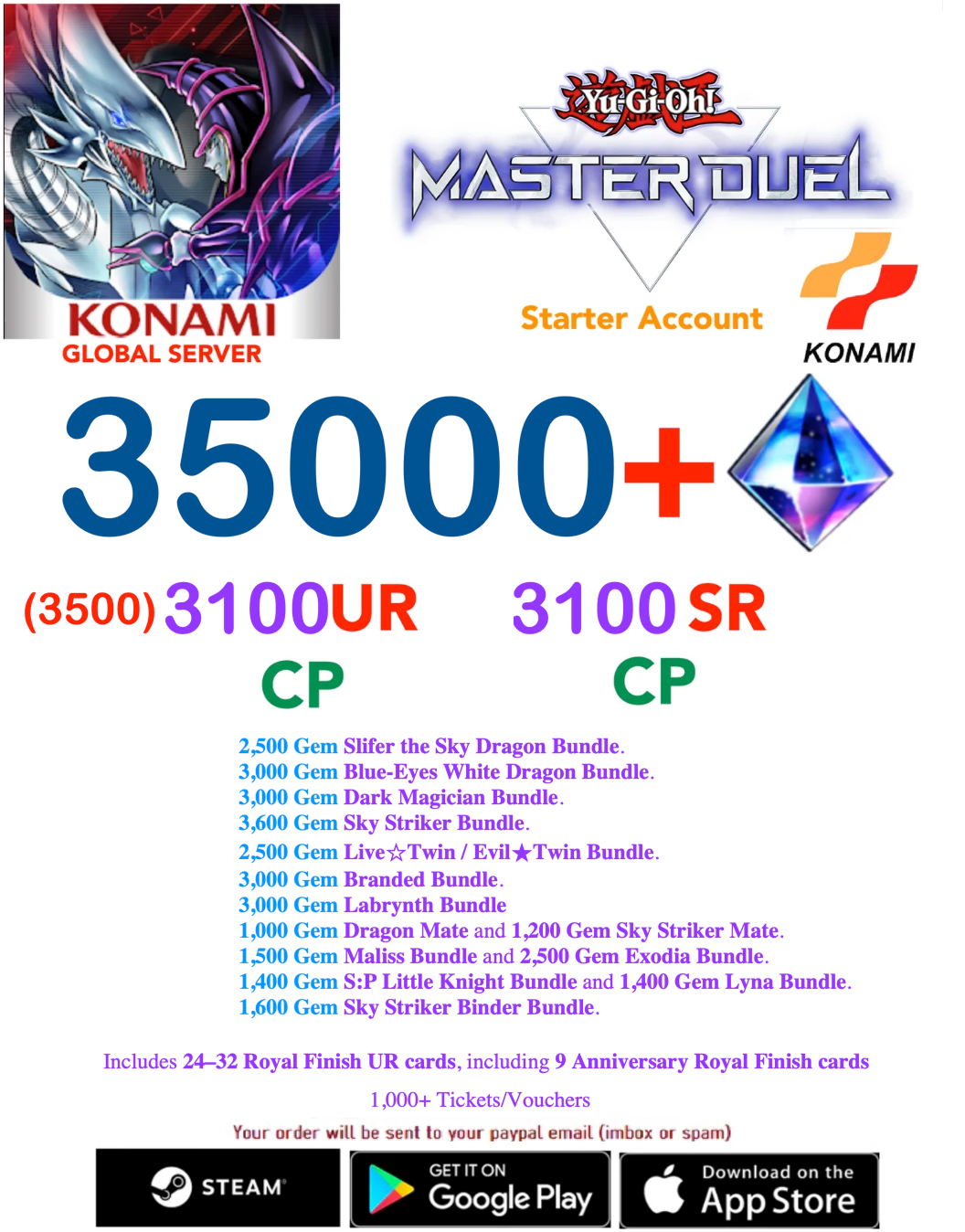 [SERVER GLOBAL]  35,000+Gems  3100UR CP- 3100SR CP  Yu-Gi-Oh! Master Duel Starter Reroll Account