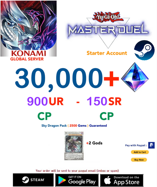 [SERVER GLOBAL/STEAM VERSION]  30,000- 35,000+ Gems. 900UR - 150SR Yu-Gi-Oh! Master Duel Starter Reroll Account