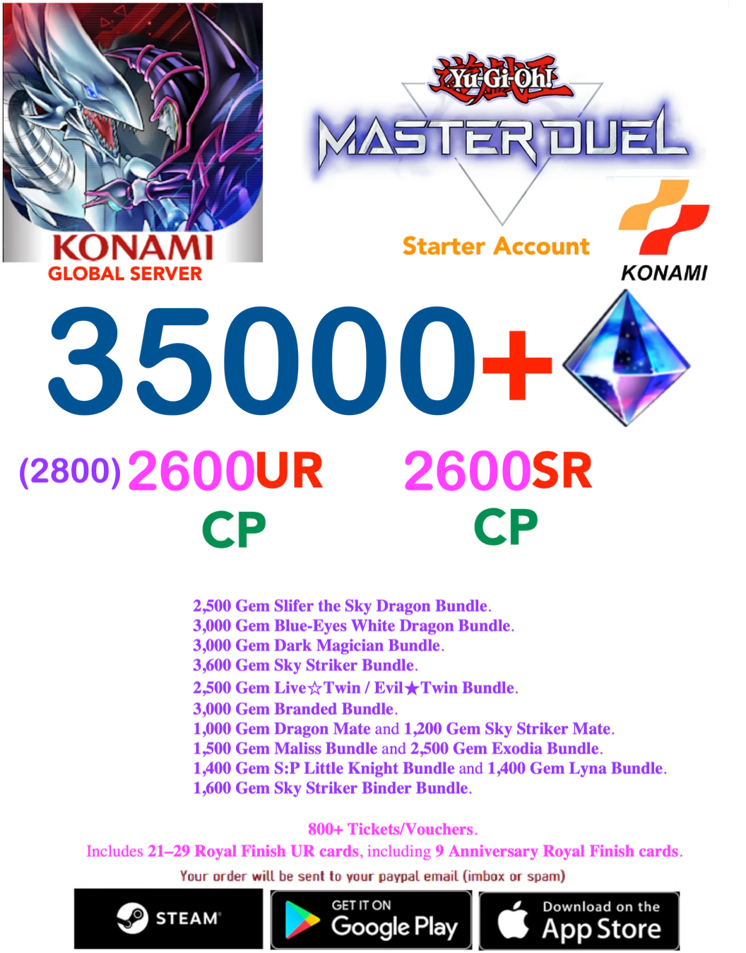 [SERVER GLOBAL]  25,000 - 28,000+Gems  (1900-2100) UR CP- 1900 SR CP  Yu-Gi-Oh! Master Duel Starter Reroll Account