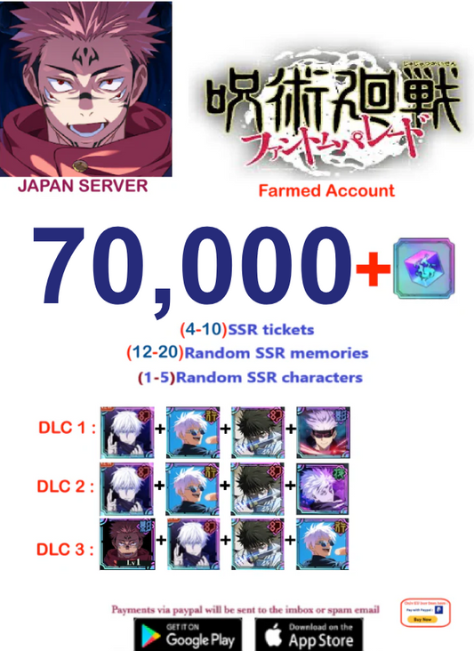 (Japan Server)  70,000  Gems     Jujutsu Kaisen: Phantom Parade Reroll Farmed Account