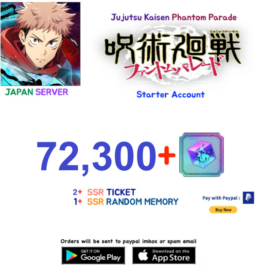 (Japan Server)  72,300  Gems   (BUY 2- GET 3 ) Jujutsu Kaisen: Phantom Parade Reroll Starter Account