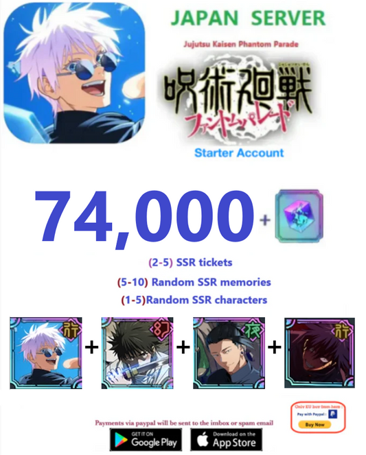 (Japan Server)  74,000  Gems     Jujutsu Kaisen: Phantom Parade Reroll Farmed Account